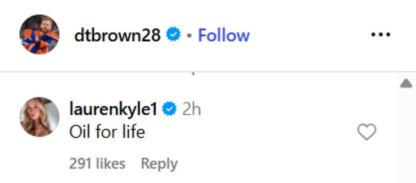 Connor McDavid's wife Lauren's comment on Connor Brown's post - Credit: dtbrown28